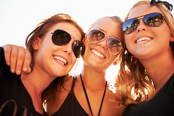 Image showing Woman, friends and outdoor music festival for summer holiday, celebration or party concert. Female person, happy and nature for community carnival or excited group smile, event or social gathering