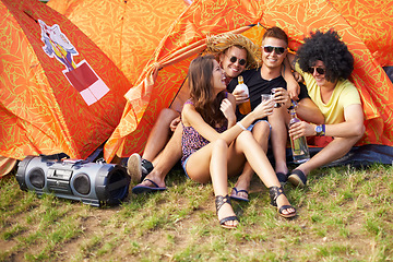 Image showing People, music festival and drinks by tent, excited and relax wellness in nature with friends. Men, woman or happy at social celebration for concert, weekend vacation or bonding in summer fun at party