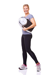 Image showing Fitness, scale and portrait of happy woman with body, workout and wellness with healthy pride in studio. Health, exercise and girl with smile, weight loss measurement and isolated on white background