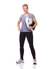 Image showing Fitness, scale and portrait of woman with confidence, workout and wellness with healthy body in studio. Health, exercise commitment and happy girl with weight loss measurement on white background.