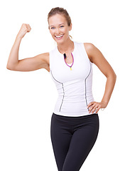 Image showing Woman, portrait and flex or happy in studio for fitness, wellness or workout progress and sportswear. Person, face or arm and strength or training for weight loss and healthy body on white background