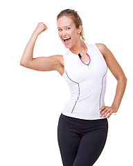 Image showing Woman, face and flex or excited in studio for fitness, wellness or workout progress and sportswear. Person, happy or arm and strength or training for weight loss and healthy body on white background