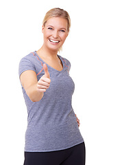 Image showing Workout, thumbs up and woman in studio for fitness success, exercise achievement and winning hands or like emoji. Portrait, sports model and yes, okay or happy training results on a white background