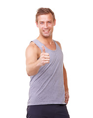 Image showing Fitness, thumbs up and man in studio for training success, workout achievement and health support or like emoji. Portrait of sports model with yes, vote hand or happy results on a white background