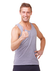 Image showing Training, thumbs up and man in studio for fitness success, workout achievement and health support or like emoji. Portrait of sports model with yes, vote hand or happy results on a white background