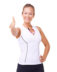Image showing Training, thumbs up and woman in studio for fitness success, workout achievement and health support or like emoji. Portrait of sports model with yes, vote hand or happy results on a white background