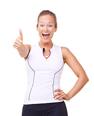 Image showing Fitness winner, thumbs up and woman in studio for training success, workout achievement and health goals or like emoji. Portrait of sports model with yes, wow and happy results on a white background