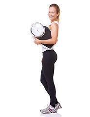 Image showing Workout, scale and portrait of woman with confidence, fitness and wellness with healthy body in studio. Health, exercise commitment and happy girl with weight loss measurement on white background.