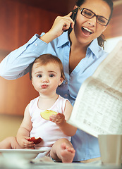 Image showing Businesswoman, phone call and baby with food in home for health, hunger or nutrition while multitasking. Single mother, toddler and stress with discussion of newspaper, article or headline in kitchen