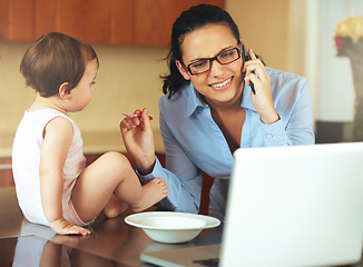 Image showing Businesswoman, phone call and baby with laptop for feeding in kitchen for remote work, productivity and job. Mother, freelancer and technology for communication while multitasking with childcare
