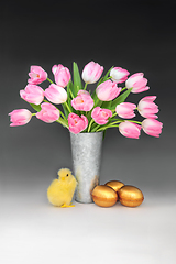 Image showing Easter Chick Gold Eggs and Tulip Flower Composition