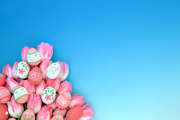 Image showing Easter Eggs and Pink Tulip Flower Abstract Arrangement