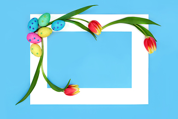 Image showing Easter Eggs and Tulip Flowers Abstract Background Frame 
