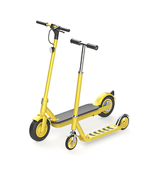 Image showing Yellow colored electric and kick scooters