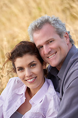 Image showing Mature, couple and portrait of hug on holiday, vacation or outdoor in summer morning with nature. Happiness, woman and man with love, respect or gratitude for marriage or smile together in grass