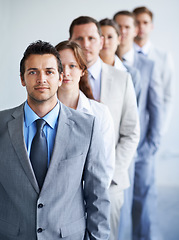 Image showing Man, portrait and leadership for finance career, standing and ready for job interview. Worker, corporate accountant in suit and professional in workplace, people in office and confident boss
