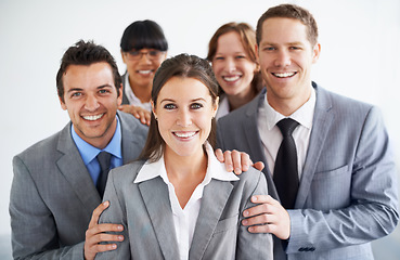 Image showing Portrait, leadership and team of happy business people in office, cooperation or collaboration in solidarity. Face of woman, group and professional corporate employees, lawyers and coworking together