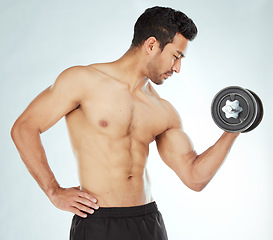 Image showing Fitness, studio and asian man with dumbbell exercise, strength training or arm challenge on white background. Health, wellness and Japanese bodybuilder with weightlifting workout, muscle or progress