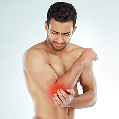 Image showing Elbow pain, stress and asian fitness man in studio with muscle tension, arthritis or inflammation on white background. Sports, arm injury and Japanese male model with fibromyalgia or osteoporosis