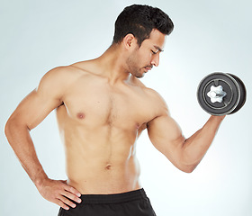 Image showing Studio, fitness and asian man with dumbbell exercise, strength training or arm challenge on white background. Health, wellness and Japanese bodybuilder with weightlifting workout, muscle or progress