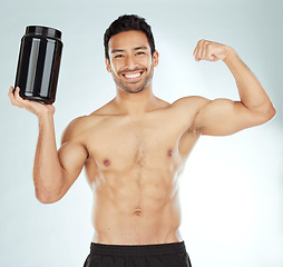 Image showing Fitness, portrait and man with protein or bicep flex in studio for workout, exercise or gain on white background. Product, whey and model face with strong arm for muscle growth or supplement support