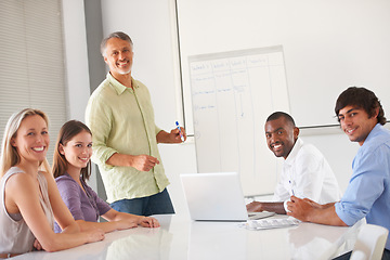 Image showing Whiteboard presentation meeting, business portrait and happy people listen to speaker, presenter or CEO agenda plan. Cooperation, confident man or sales group planning company schedule, list or tasks