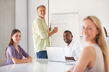 Image showing Whiteboard presentation meeting, man portrait and business people listening to speaker, mentor or manager agenda plan. Collaboration, happy presenter and team planning company schedule, list or tasks