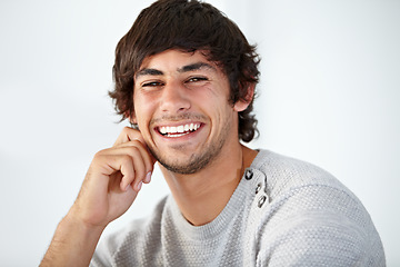 Image showing Smile, portrait and young man in the office with positive, good and confident attitude. Happy, creative career and face of professional male designer from Mexico with pride in modern workplace.