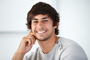 Image showing Happy, portrait and young man in the office with positive, good and confident attitude. Smile, creative career and face of professional male designer from Mexico with pride in modern workplace.