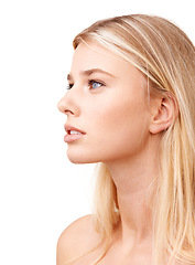 Image showing Woman, face or makeup with thinking for skincare, cosmetics or facial treatment in studio or mock up space. Person, natural and confidence or pride with hair care, keratin or glow on white background