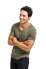 Image showing Smile, crossed arms and young man in studio with casual, stylish and trendy outfit for confidence. Happy, fashion and male person from Canada with cool style and positive attitude by white background