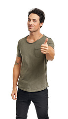 Image showing Smile, thumbs up and portrait of man in a studio for agreement, good or positive expression. Happy, fashion and handsome young male model with approval hand gesture isolated by white background.