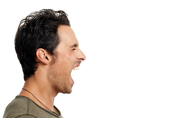 Image showing Profile, anger and screaming with man, stress and expression isolated on white studio background. Person, guy and model with depression, mockup space and shouting with emotions, crisis and frustrated