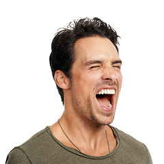 Image showing Man, happy and screaming for celebration, excited and energy by white background in studio. Male person, freedom and victory or winner, carefree and shouting for achievement in competition or joy