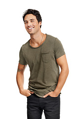 Image showing Thinking, smile and man with fashion, happiness and confident guy isolated on a white studio background. Ideas, person and model with joy, cheerful and solution with daydreaming and mockup space