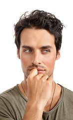 Image showing Thinking, ideas and young man in a studio for choice, decision or options facial expression. Planning, question and male person with brainstorming or dreaming face isolated by white background.