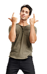 Image showing Portrait, finger gun and man with fashion, expression and guy isolated on a white studio background. Cool, person and model with hand gesture, mockup space and pointing with body language and freedom