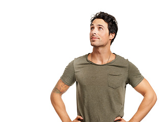 Image showing Thinking, solution and young man in studio with planning, brainstorming or idea facial expression. Guess, question and male person from Canada with decision, option or choice face by white background