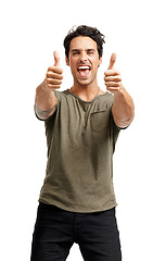 Image showing Thumbs up, happy and portrait of man in studio with positive, good and confident attitude. Smile, excited and male person with approval, agreement or success hand gesture isolated by white background