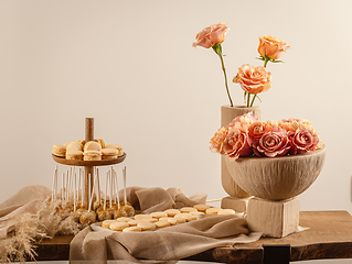Image showing Pastel wedding sweet table setting
