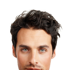 Image showing Serious, half face and portrait of man in a studio with health, wellness and natural facial routine. Self care, skincare and young male person from Australia with face treatment by white background.