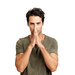 Image showing Portrait, prayer and hands together with a young man in studio isolated on a white background for hope or faith. Face, trust and worship with a confident model praying to god in faith for a miracle