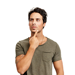 Image showing Thinking, question and young man in a studio for choice, decision or options facial expression. Planning, guess and male person with brainstorming or dreaming face isolated by white background.