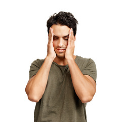 Image showing Man, head and embarrassed shame in studio or white background, mockup space or frustrated. Male person, model and thinking worry problem or trouble fail for bad decision, disaster regret or anxiety