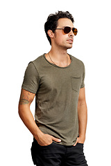 Image showing Handsome man, sunglasses and fashion in style for cool, mindset or positive attitude against a white studio background. Face of attractive young male person or model posing in stylish casual clothing