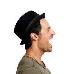 Image showing Profile, anger and screaming with man, frustrated and expression isolated on white studio background. Person, stress and model with depression, mockup space and shouting with emotions, crisis and hat