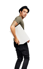 Image showing Man, poster mockup and portrait or information board in studio for promotion, presentation or white background. Male person, face and placard signage for advertising, recommendation or suggestion