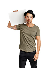 Image showing Man, portrait and poster mockup in studio for advertising fashion, communication or announcement. Male person model and white background for billboard details for contact us promotion or service note