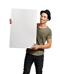 Image showing Man, portrait and poster mockup in studio or space for information note, marketing or choice. Male person, billboard placard or white background as signage for recommendation, promo or presentation