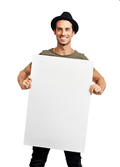 Image showing Man, portrait and smile with poster mockup in studio for advertising, information or marketing. Male person, billboard placard or white background or signage for recommendation, promo or presentation